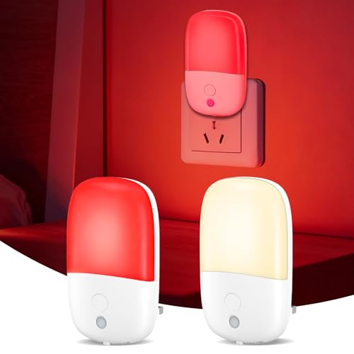 670nm Red Light Night Light for Sleep Therapy, [2 Pack] - 2 Color Modes, Zero Blue Light, Auto Dusk to Dawn Sensor, 0.5W Dimmable LED Nightlights for Kids Adults Bedroom, Hallway, Bathroom, Stairs