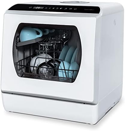 Hermitlux Table Top Dishwasher, Mini Countertop Dishwasher with 4 Place Settings, 5L Built-in Water Tank, 6 Programmes, Touch Control, Baby Care and Fruit Wash, White
