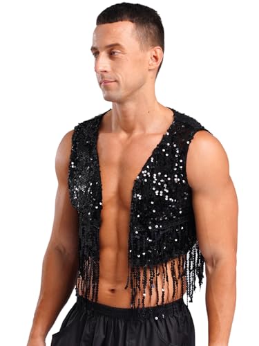 Men's Cowboy Vest Sequins Western Crop Tank Top Jackets Open Front Fringe Waistcoat Cardigan3