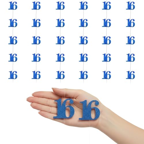 Shatchi 16th Glitz Blue Anniversary Birthday Metallic Hanging String Decorations, Shiny Foil Banner for Party Doors and Walls, Pack of 6