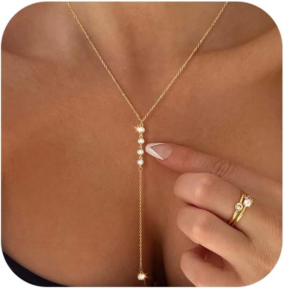 Luxval Lariat Gold Necklace for Women, Dainty Long Necklace 14k Gold Plated/Silver Y-Shaped Pendant Necklaces Trendy Beaded Chain Drop Necklaces Jewelry for Women Gifts