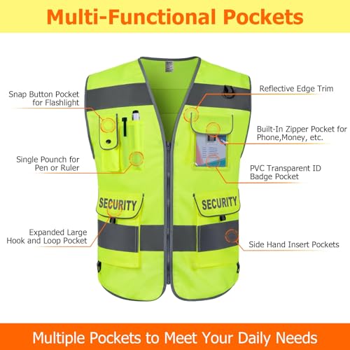 TCCFCCT Security Vest for Security Guard 9 Pockets High Visibility Reflective Safety Vest for Men Women, Durable Hi Vis Vest with Reinforced Sewing, Meets ANSI/ISEA, (G100S-Yellow, L)