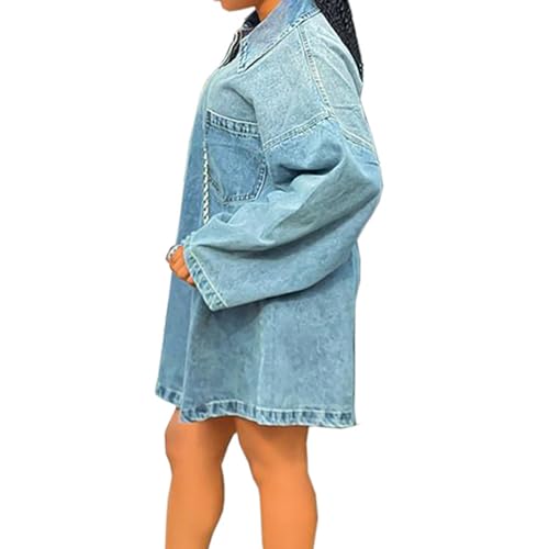 cffvdiz Women's Vintage Distressed Loose Denim Dresses Summer Long Sleeve Pullover Short Jean Dress2