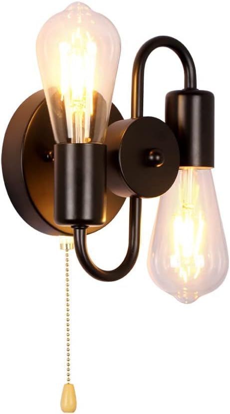 Pull Chain Switch Wall Sconces,2-Light Industrial Metal Wall Light Fixtures Sconces Wall Lighting for Bedroom Bathroom Kitchen Porch (Black)