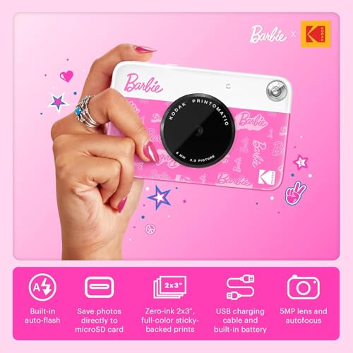 Image of Kodak x Barbie Printomatic Full-Color Instant Print Digital Camera Barbie Gift Bundle (Signature Style)+ Barbie Case, Photo Album, Sticker & Hanging Frames, 50 Stickers + Zink Paper (20 Sheets)