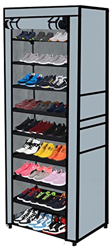 Image of Multi Utility 9 Layer Shelf Collapsible Metal Pipes with Non-Woven 100GSM Fabric Cover for Shoe /Cloth /Toy /Books Rack (Grey, Metal)