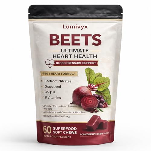 Lumivyx Beet Root Chews - Nitric Oxide Supplement with 500mg Beetroot 100mg CoQ10 & 150mg Grape Seed Extract - Supports Healthy Circulation & Natural Energy - Pomegranate Berry Flavor 60 Chews