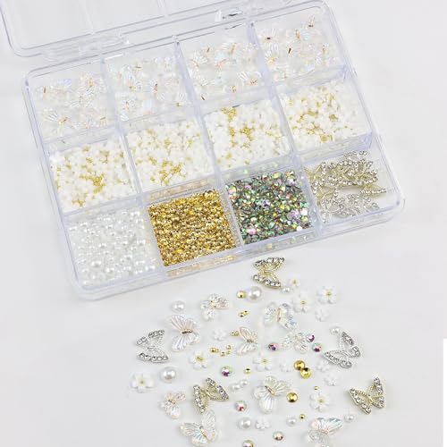 SEMATA Spring Summer Flower Nail Art Charms Clear 3D Butterfly Nail Gems Charms Flatback Nails Pearls Rhinestones Gold Silver Butterfly Nails Art Accessories Decoration Design for Women — view 2