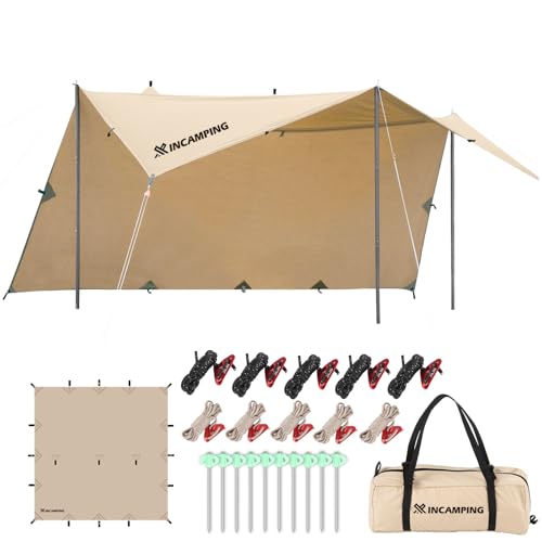 タープ Xincamping スクエアタープ 正方形タープ 4m×4m ポリコットンTC 【19箇所ループ・特殊防水テープ付き】 撥水加工 耐水圧500mm 焚き火対応 遮光・遮熱・難燃 コンパクト 収納袋付き ピクニック キャンプ アウトドア(カーキ)