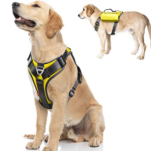 Fida Dog Harness, Multi-Functional No-Pull Pet Vest Harness with Saddle Bags Backpack, Front Leash Clip, Adjustable Soft Padded Reflective No-Choke Dog Vest Heavy Duty for Large Dog, L, Yellow
