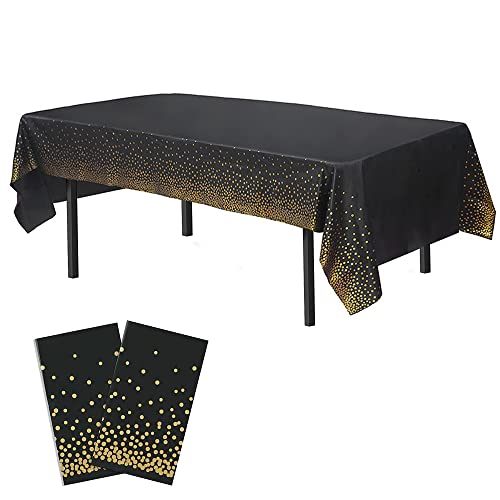 Time to Sparkle 2 Pack Plastic Tablecloths 54" x 108" Plastic Dining Table Cloth Premium Rectangle Table Cover for Parties Wedding Banquet etc Indoor Or Outdoor(Black Gold)