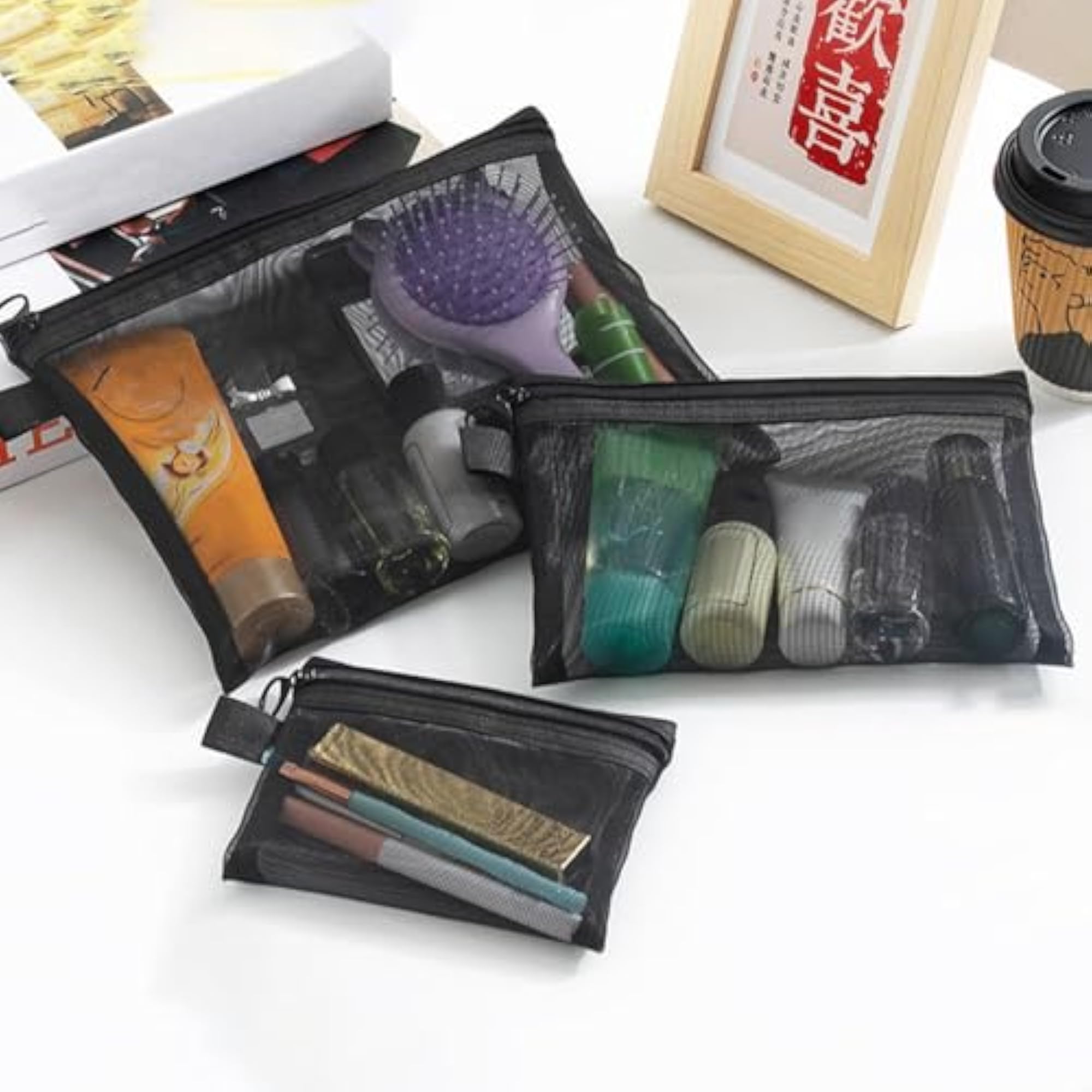 Portable Mesh Travel Bag Cosmetic Pouch, Black