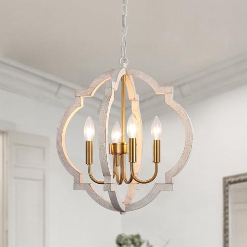 ASHUAQI White Gold Chandelier for Dining Room, 4-Light Wooden Farmhouse Chandelier Over Table, Orb Pendant Light for Living Room Kitchen Entryway Hallway