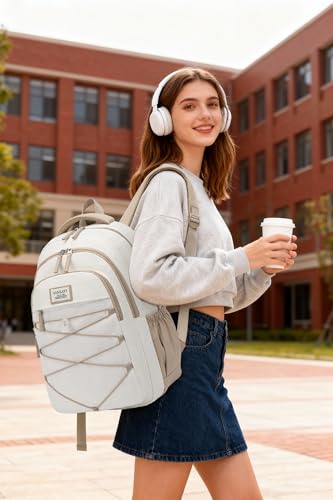 Image of Teen Backpack for Girls, Women Bookbag for College Students Middle High School, Aesthetic Schoolbag Back Pack, White Khaki