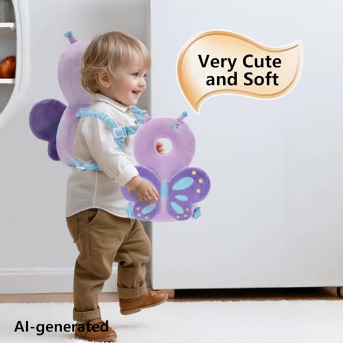 Image of Baby Head Back Protector Backpack Toddler Safety Protector Cushion Pad Soft, Adjustable and Lightweight Design for Safe Walking and Crawling Toddlers Girls and Boys(Purple Butterfly)
