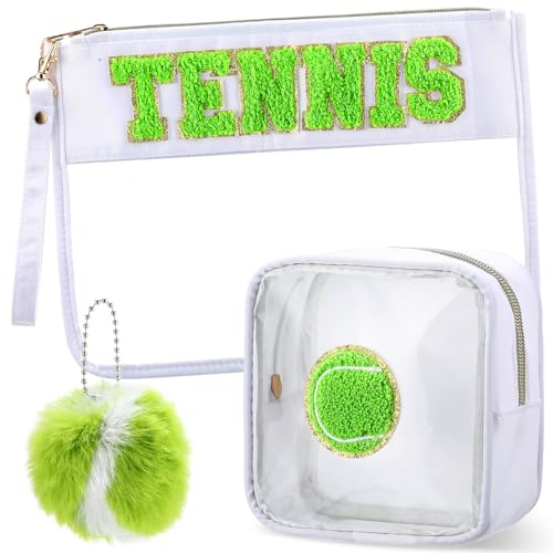 3 Pcs Tennis Gifts Makeup Cosmetic Bag with Chenille Letter Patch Clear Toiletry Pouch Waterproof PVC Organizer Purse with Fluffy Tennis Ball Keychain Accessories for Women(Green)