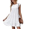 KIRUNDO Sun Dresses for Women 2023 Casual White Graduation Dress Sleeveless Ruffle Sleeve Beach Vacation Dress Round Neck Loose Flowy Pleated Mini Babydoll Dress, White, Small