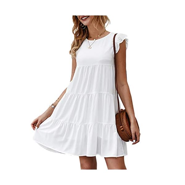 KIRUNDO Sun Dresses for Women 2023 Casual White Graduation Dress Sleeveless Ruffle Sleeve Beach Vacation Dress Round Neck Loose Flowy Pleated Mini Babydoll Dress, White, Small
