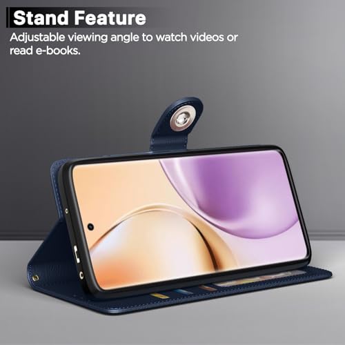 Image of Pikkme Flip Cover Leather Finish | Inside TPU with Card Pockets | Wallet Stand and Shock Proof | Complete Protection Button Flip Case for Realme 14 Pro 5G(Blue)