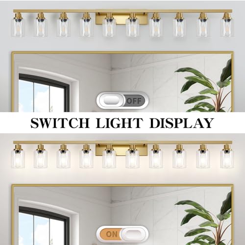 Image of Gold Bathroom Vanity Light,10-Light Brushed Gold Bathroom Light Fixtures with Clear Glass,64.5in Wall Lamp Sconces for Mirror Bedroom,Living Room Hallway,E26