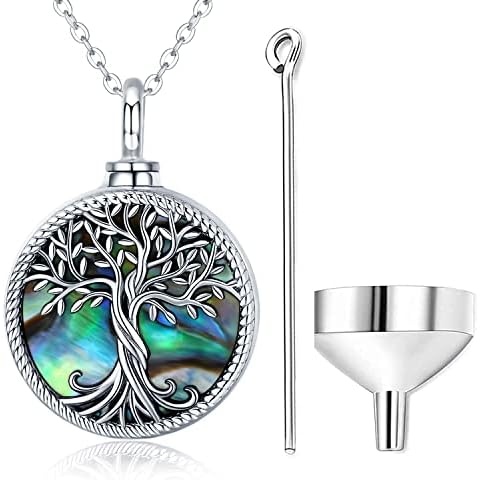 Odinstone Tree of Life Urn Necklace for Ashes, 925 Sterling Silver Ashes Jewellery with Abalone Shell Keepsake Ashes Memorial Locket Cremation Jewellery with Funnel Filler Cover