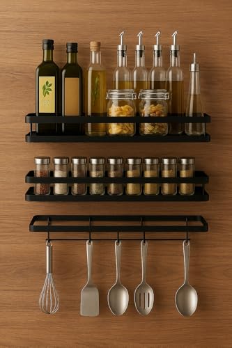 Image of Wall Mounted Spice Rack Organizer Hanging Spice Seasoning Rack bathroom Shelf Holder with 5 utensils hanging hooks Organizer Storage for Kitchen Cabinet (set of 3)