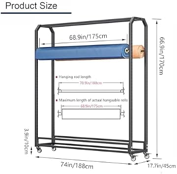 Adjustable Fabric Roll Storage Rack - Commercial Textile Display Rack with 10 Hanging Rods, Movable Organizer for Vinyl, Leather, Curtain, and Wallpaper Rolls