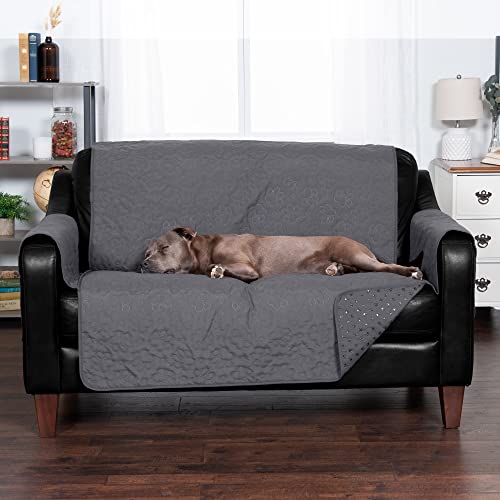 Image of Furhaven Waterproof & Non-Slip Loveseat Cover Protector for Dogs, Cats, & Children - Quilted Paw Print Living Room Furniture Cover - Gray, Loveseat