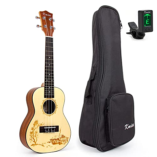 Concert Ukulele,Kmise Solid Spruce Ukelele 23 inch Ukalalee with Village Laser Carvings Bag Tuner for Beginner Adults