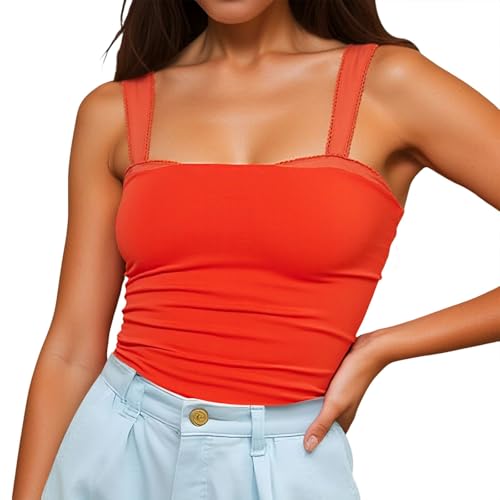 Crop Tops Mujer sin Mangas Top Cropped Top Cuello Cuadrado Camiseta sin Tirantes Sexy Abdomen Camiseta Verano Casual Tank Tops Camisola Top Backless Basic Shirt Camisola Camisola Streetwear, O rojo