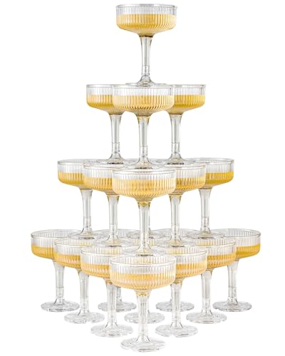 La Mejor Selección de Copas de champán Top 10. 41 DORONAN - Paquete de 20 copas de plástico para champaña, 7 onzas, copas de cóctel de plástico irrompibles para bodas, cumpleaños, fiestas, bar, transparente