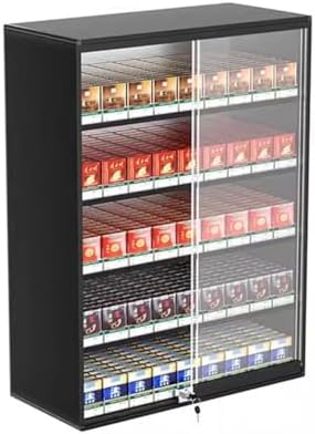 Wall Mounted Cigarette Display Rack with Lock, Auto Cigarette Pusher, Sliding Door Case Holder, Black Cigarette Showcase Cabinet, Size 92.5x28.8x75cm