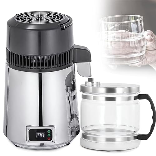 DRUXTO 750W Water Distiller Machine, 304 Stainless Steel Glass Container Distilled Water Purifier Filter Digital display button therm lock 4L Distilling Pure Water Maker for Home Use Silver