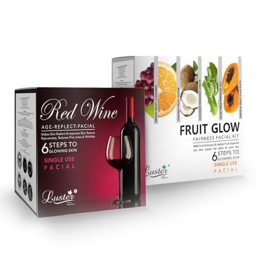 Luster Red Wine & Fruit Glow Facial Kit | 6-Step Mini Facial Kit | Unisex | All Skin Types | Paraben & Sulfate Free – 40g Each