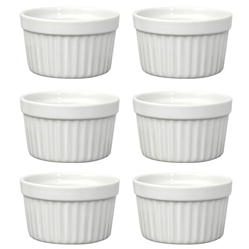 UNIQUE HOME LIVING Ramekins Set of 6, 5oz Ceramic Souffle Dishes for Creme Brulee, Muffin, Pudding, Small Baking Dishes for Air Fryer & Oven, Mini Bowl for Dips, Sauces, Snacks and Fruits - White