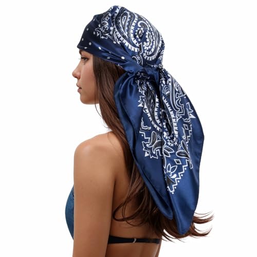 RIIQIICHY Head Scarf for Women Like Silk Scarf Hair Scarf Printed Square Scarf Bandanas for Women 35 Inches Navy/White/Black