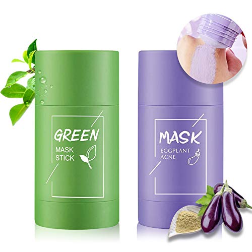 2Pcs Green Tea/ Eggplant Purifying Clay Stick Mask, Green Tea/ Eggplant Mask Stick, Moisturizes Oil Control Deep Cleansing Pore, Improves Skin for All Skin Types Men Women