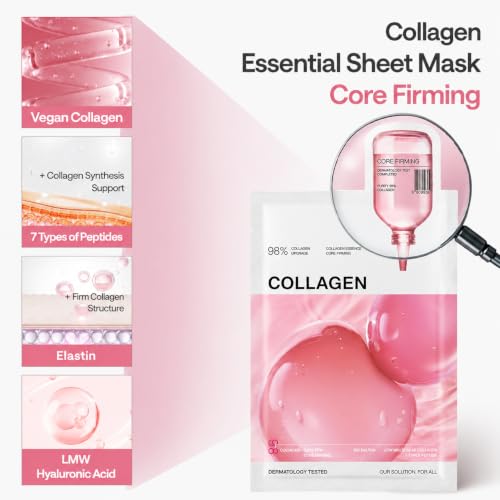 Image of Collagen Essential Sheet Mask (1 Sheet) Firming & Hydrating Korean Face Mask with 98% Vegan Collagen, Peptides & Hyaluronic Acid, Skin Elasticity, K-Beauty Facial Mask for Smooth & Plump Skin