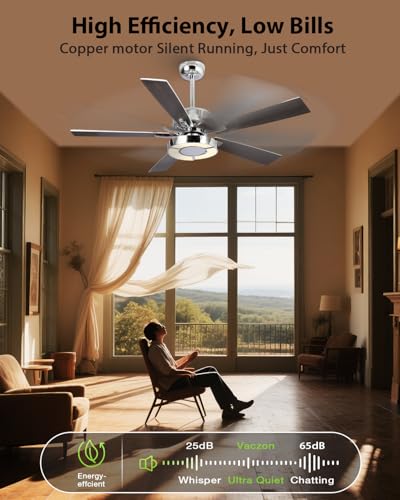 Image of 52 Inch Silver Ceiling Fans with Lights and Remote, Creative Modern Ceiling Fan, 3CCT, 6 Speeds, Quiet, Dual-Sided Reversible 5 Blades Indoor Outdoor Chandelier Fan for Bedroom Living Room