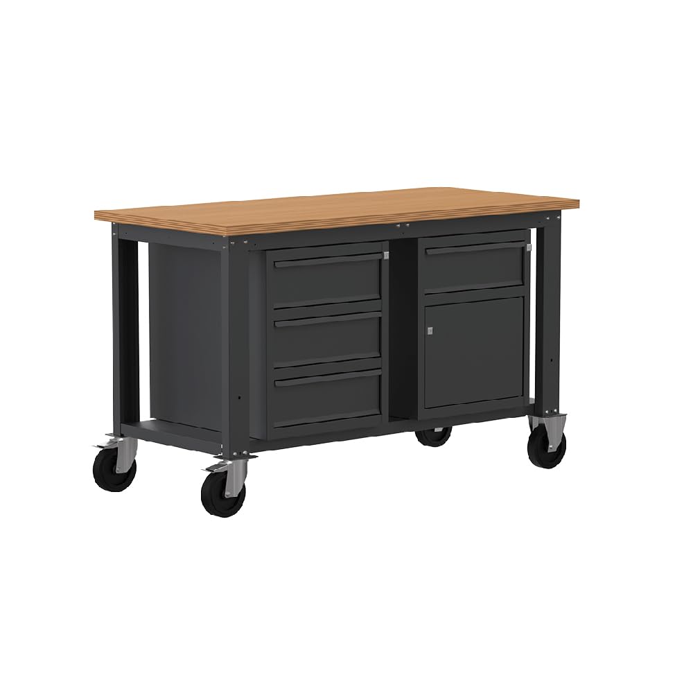 SOGI X3N_109LR Banco lavoro con ruote 1.5 m - piano in legno - 3 cassetti + anta e cassetto