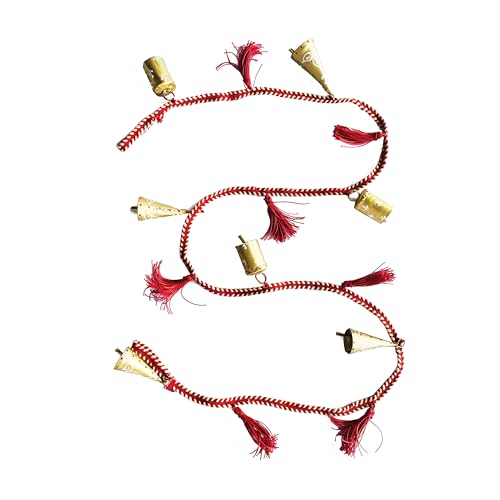Creative Co-Op Metal Bell Garland with Painted Pattern and Cotton Tassels, Gold Finish, Red and White