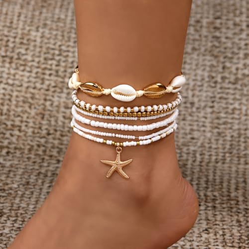 Image of Qceasiy Bead Ankle Bracelets Set For Women, Adjustable Gold Plated Boho Shell Anklet, Hawaiian Beach Seashell Pearl Disc Starfish Conch Foot Jewelry, Summer Fashion Gifts