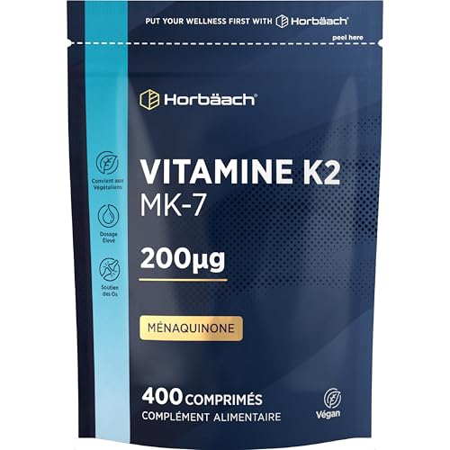 Vitamine K2 MK7 200mcg | 400 Comprimés Vegan Fort Dosage | Ménaquinone MK-7 Très Puissante | Contribue au Maintien d'une Ossature Normale & Coagulation Sanguine | Complément Alimentaire | Horbaach