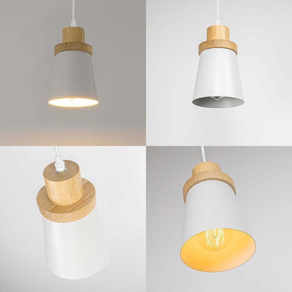 Set Three Adjusted Cable J-Type Track Lamp Wooden Base White Metal Shade Vintage Pendant Lighting for Kitchen Bar Dining Room(No Bulb, Track)