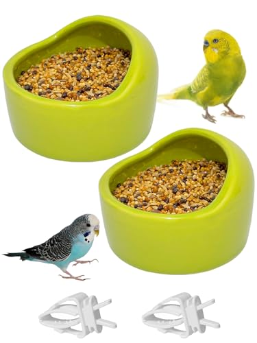 Niwaes 2 Pcs Ceramic Bird Food Bowls Parakeet Cage Water Bowl Birds Feeding Dish Parrot Water Feeder for Cage with 2 Plastic Feeding Clips for Parakeets Conure Cockatiels Lovebird Budgie (Green)