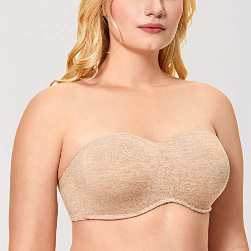 Delimira Womens Seamless Underwire Bandeau Minimizer Strapless Bra For Big Busted Women Cotton Apricot Heather 34D #TOP1