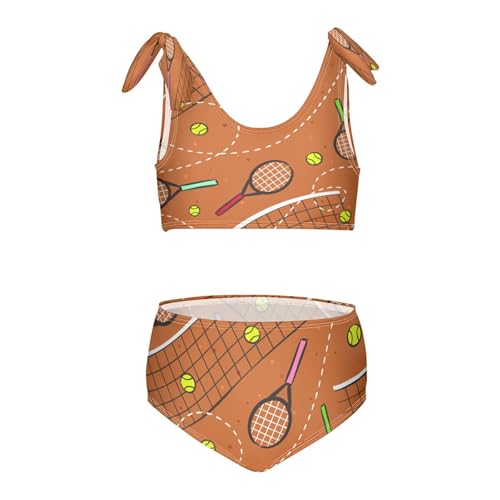 Color Sport Tennis Racket Ball Girls Swimsuits 2 Piece Swimwear Bikini Set Beach Bathing Suit for Summer Girl Kids 9-10T Multicolor