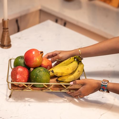 Image of Harvest Glow Metal Fruit Basket with Acacia Wood - Elegant Countertop Storage for Fresh Fruits & Vegetables