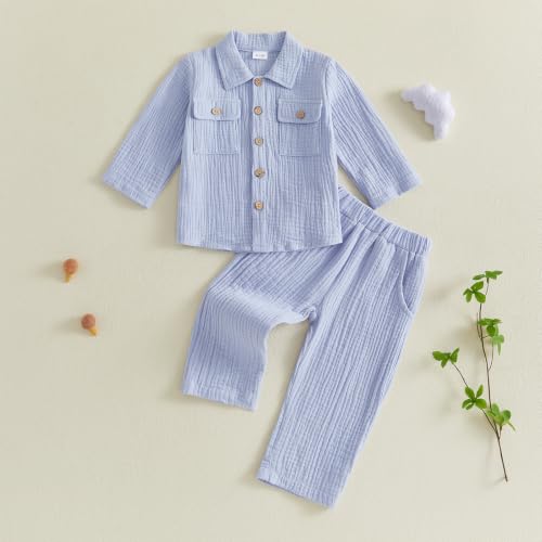 Image of VISGOGO Toddler Boy Linen Outfit Baby Boy Fall Winter Clothes Set Button-Down Shirt Tops Cotton Linen Pants 2PCS