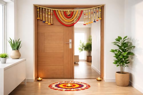 Image of iHandikart Decorative Multicolor Pom Pom and Beads Door Toran, 40 Inch Decorative Toran for Entrance, Home & Festive Decor, Traditional Toran for Diwali & Housewarming Gifts (RK-T175)